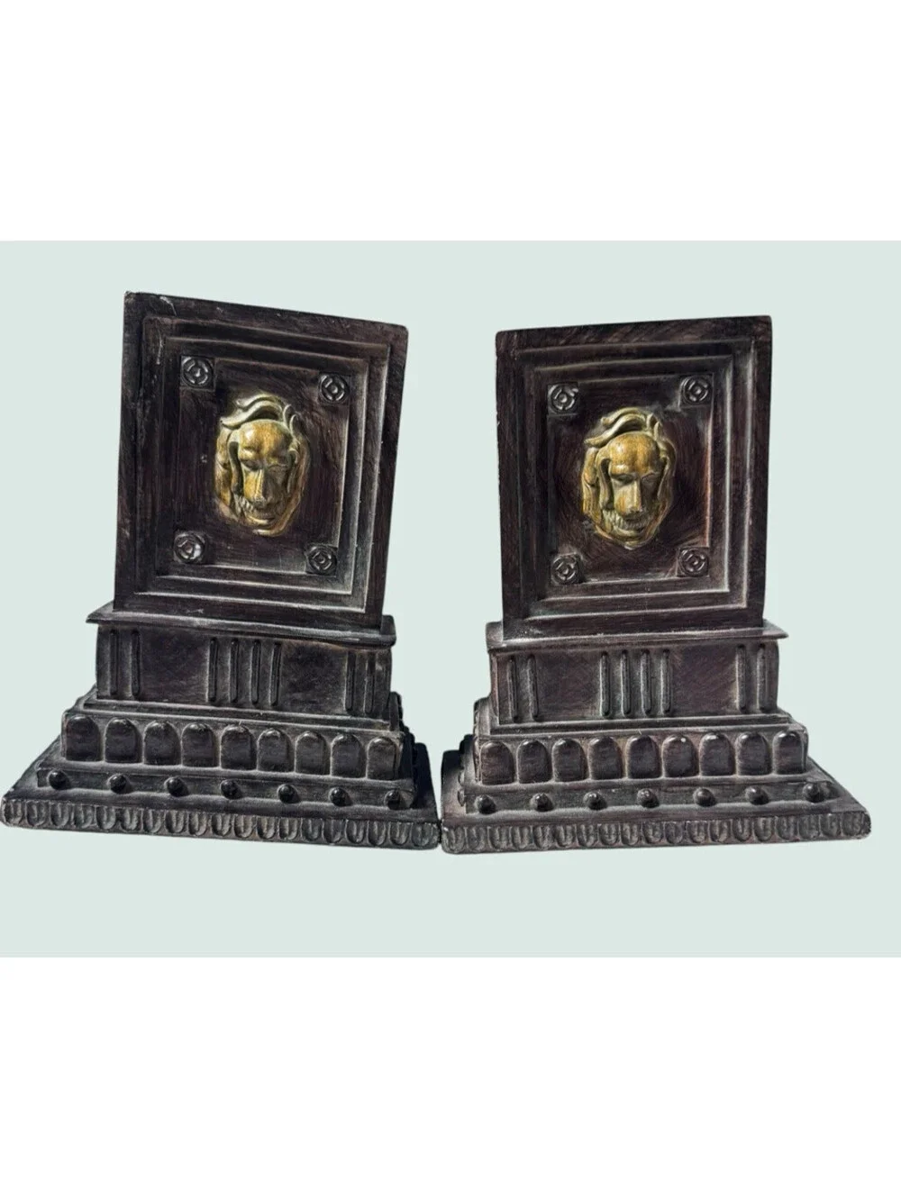Neoclassical Lion Head Bookends Pair Faux Bronze tone Stone Composite Decor